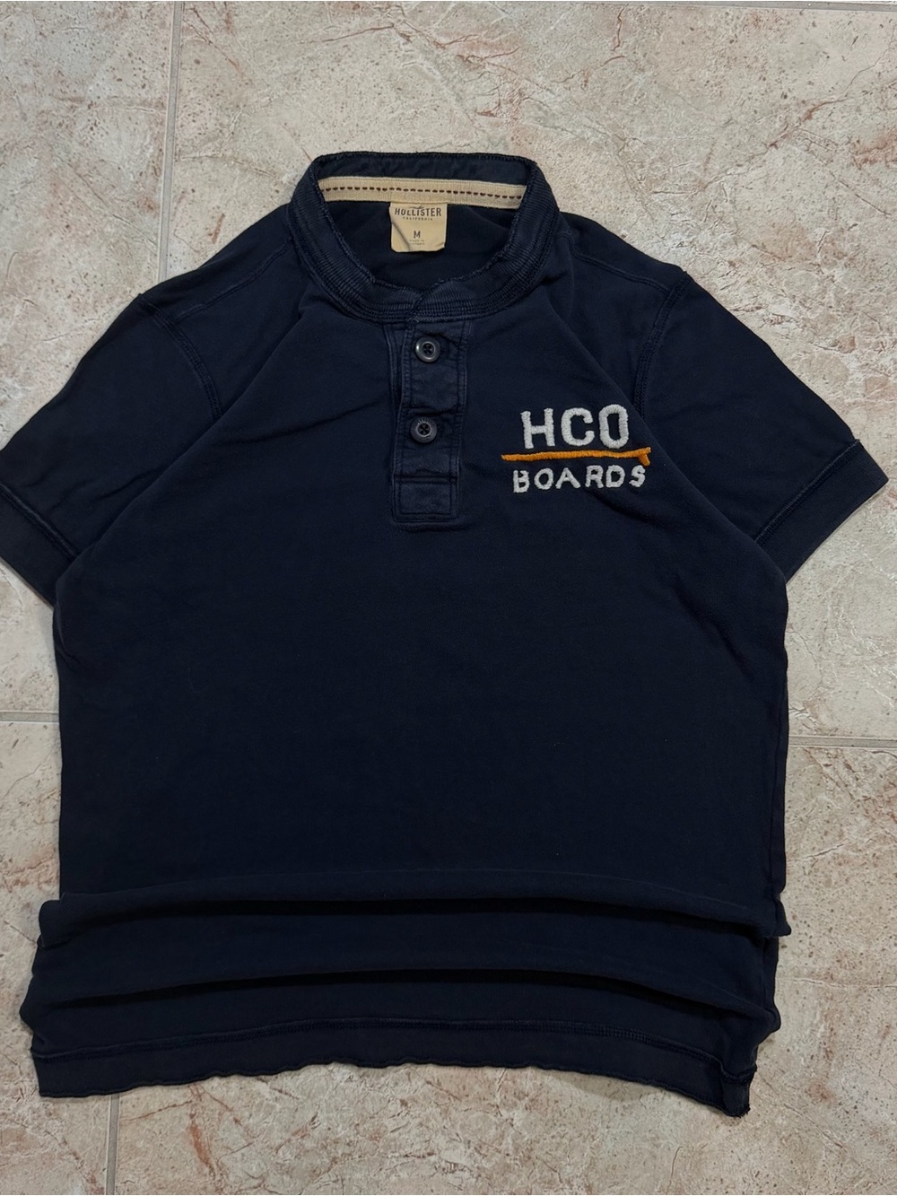 Y2K Hollister Co. navy blue henley with embroidered HCO Boards chest graphic